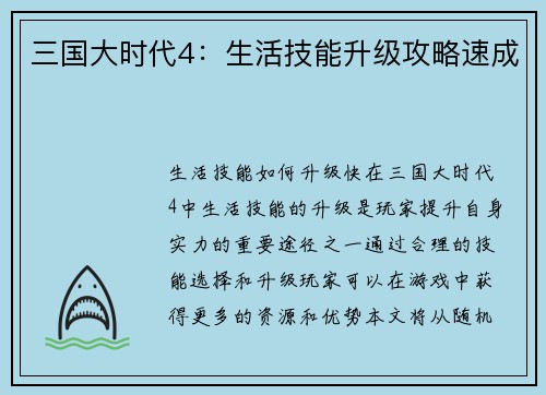 三国大时代4：生活技能升级攻略速成