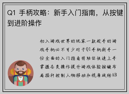 Q1 手柄攻略：新手入门指南，从按键到进阶操作